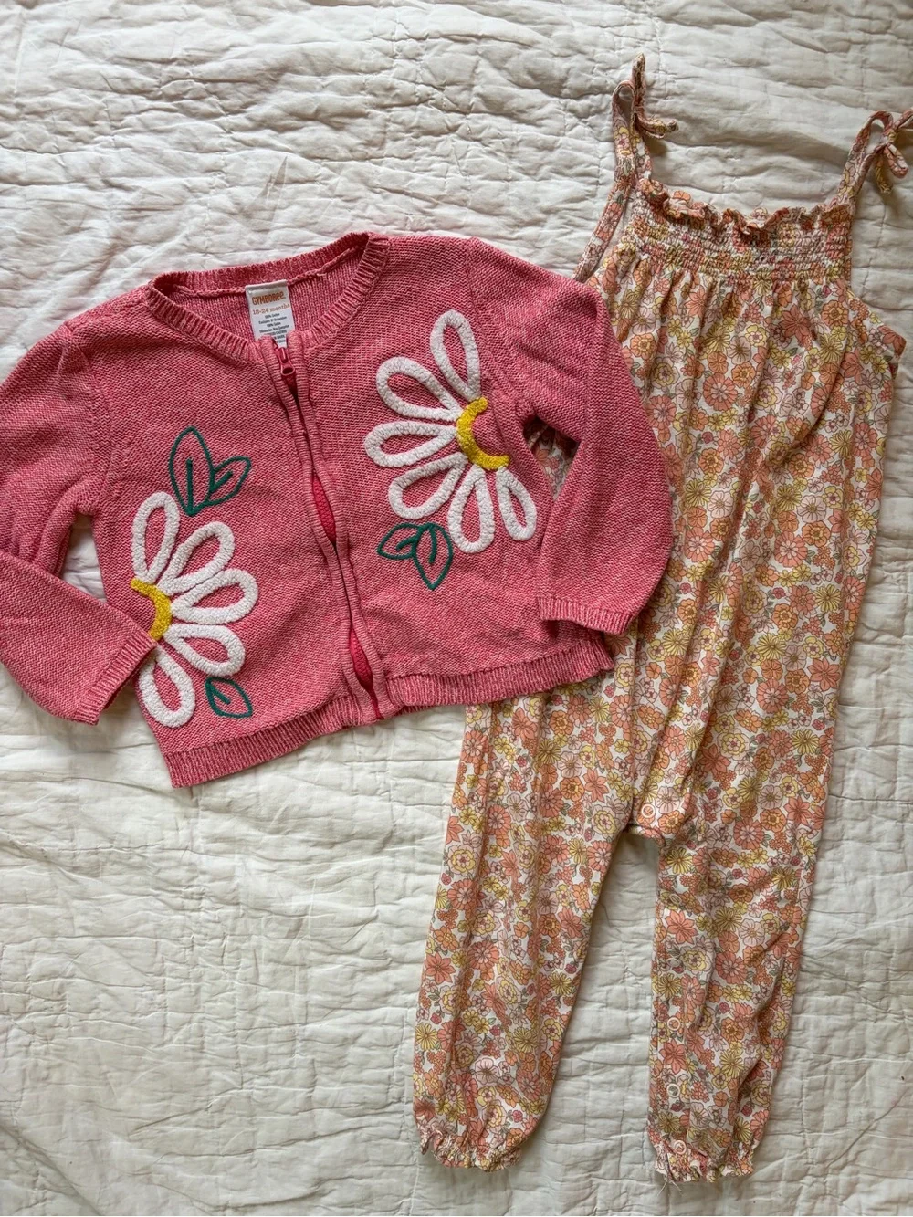 Gymboree Pink Daisy Knit Cardigan with Floral Jumpsuit